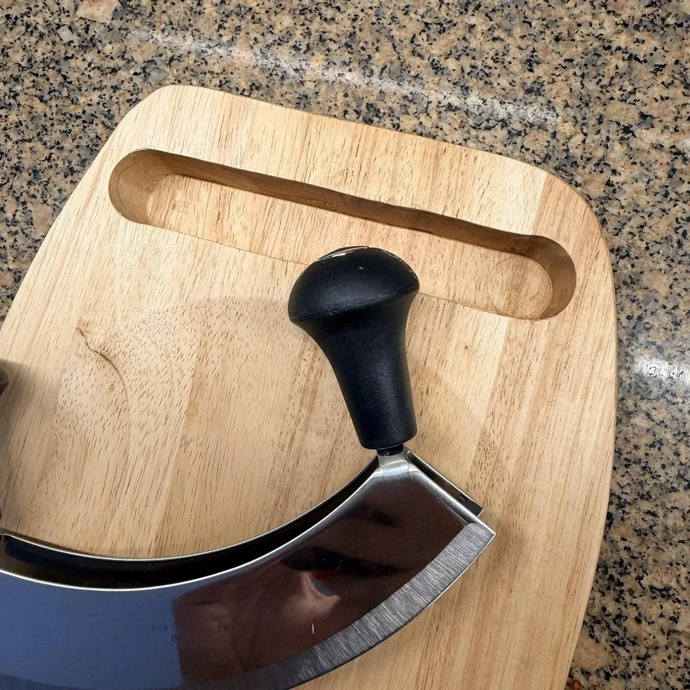 ARCOSTEEL Mezzaluna Chopper Knife & Wood Cutting Board Set Stainless Steel Brown